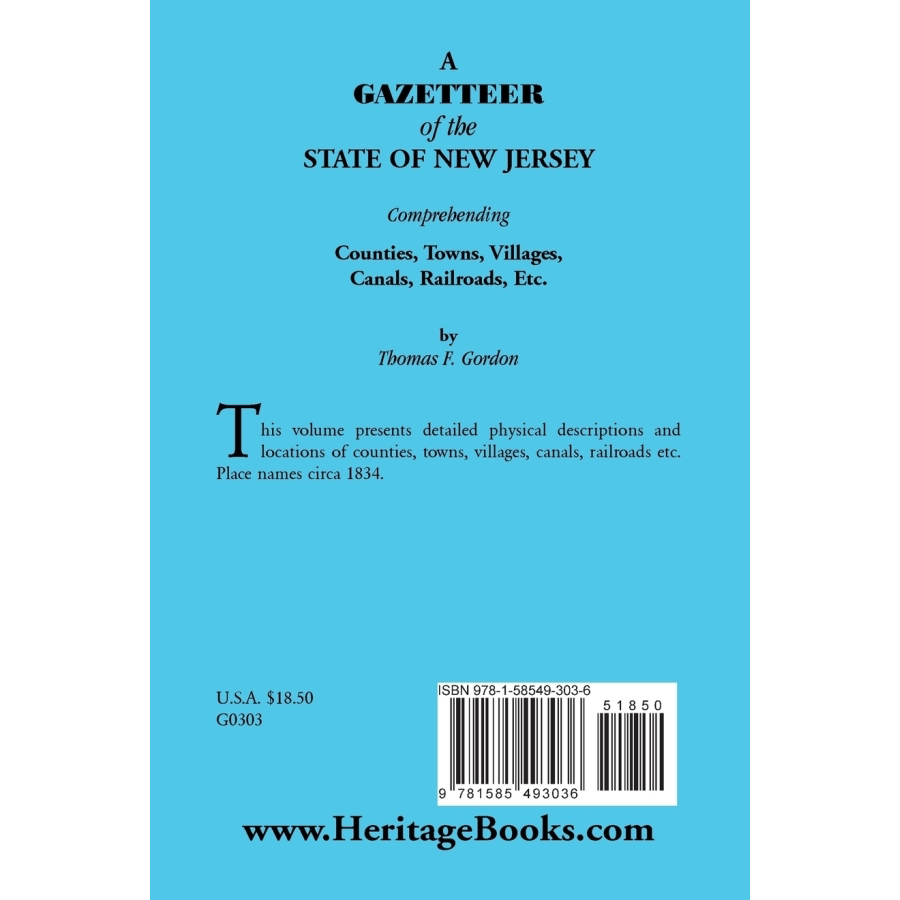 A Gazetteer of the State of New Jersey (alphabetical entries only) back cover