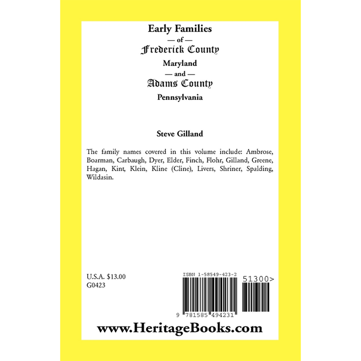 Early Families of Frederick County, Maryland, and Adams County, Pennsylvania back cover