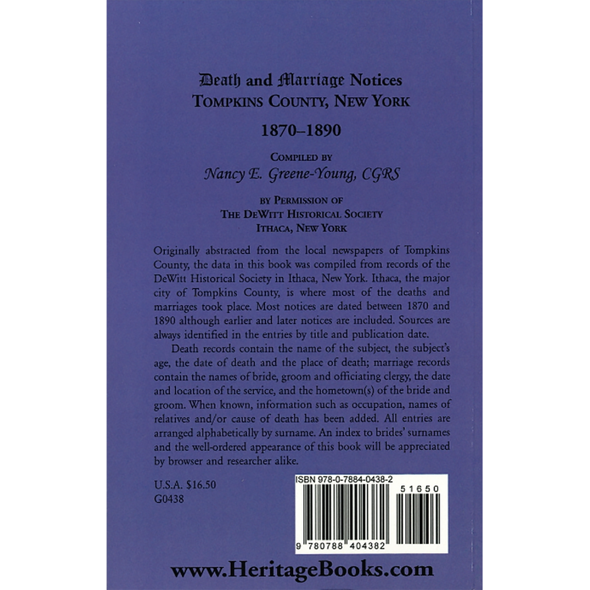 Death and Marriage Notices, Tompkins County, New York, 1870-1890 back cover