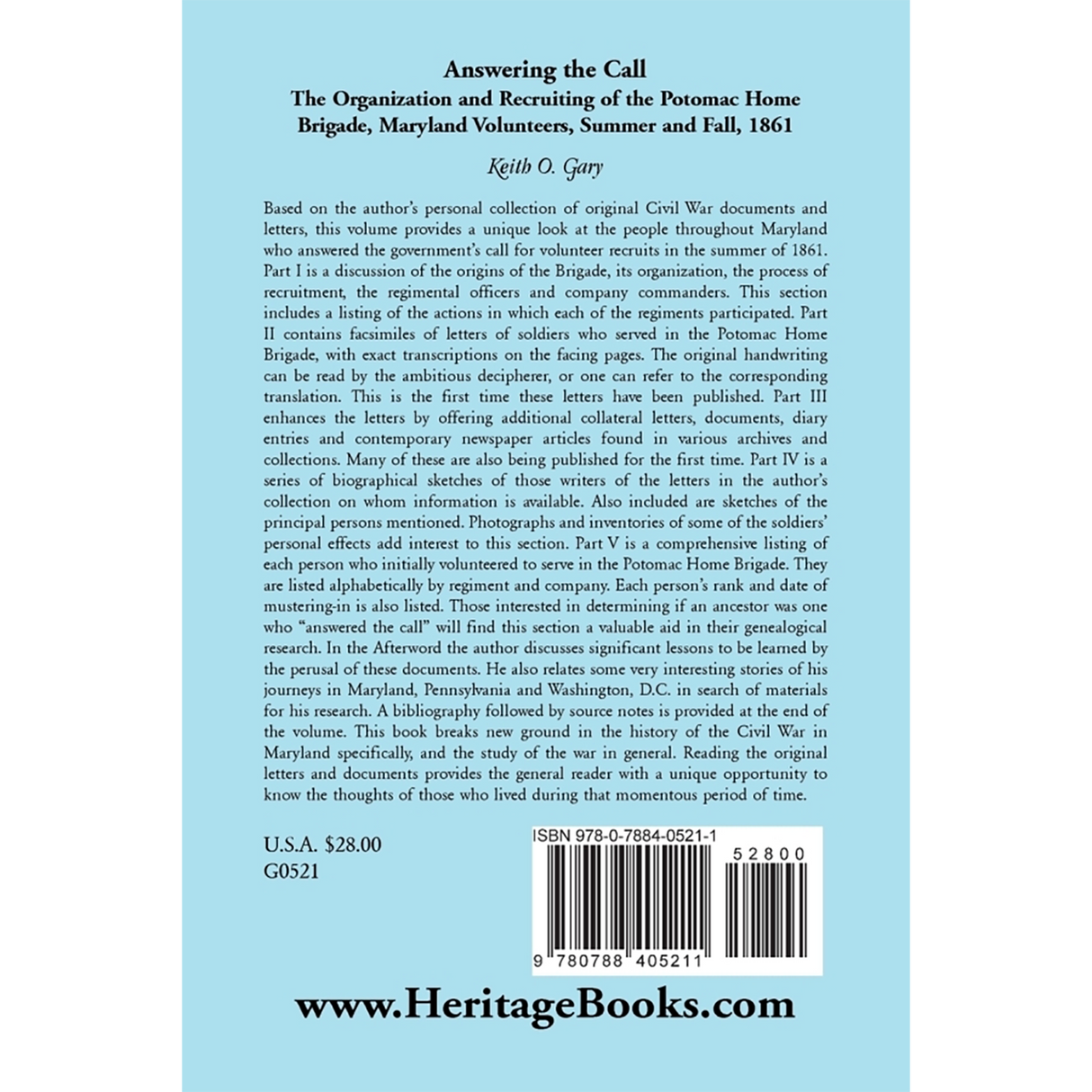 Answering the Call: The Organization and Recruiting of the Potomac Home Brigade, Maryland Volunteers, Summer and Fall, 1861 back cover