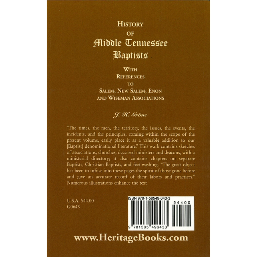 History of Middle Tennessee Baptists: With References to Salem, New Salem, Enon and Wiseman Associations back cover