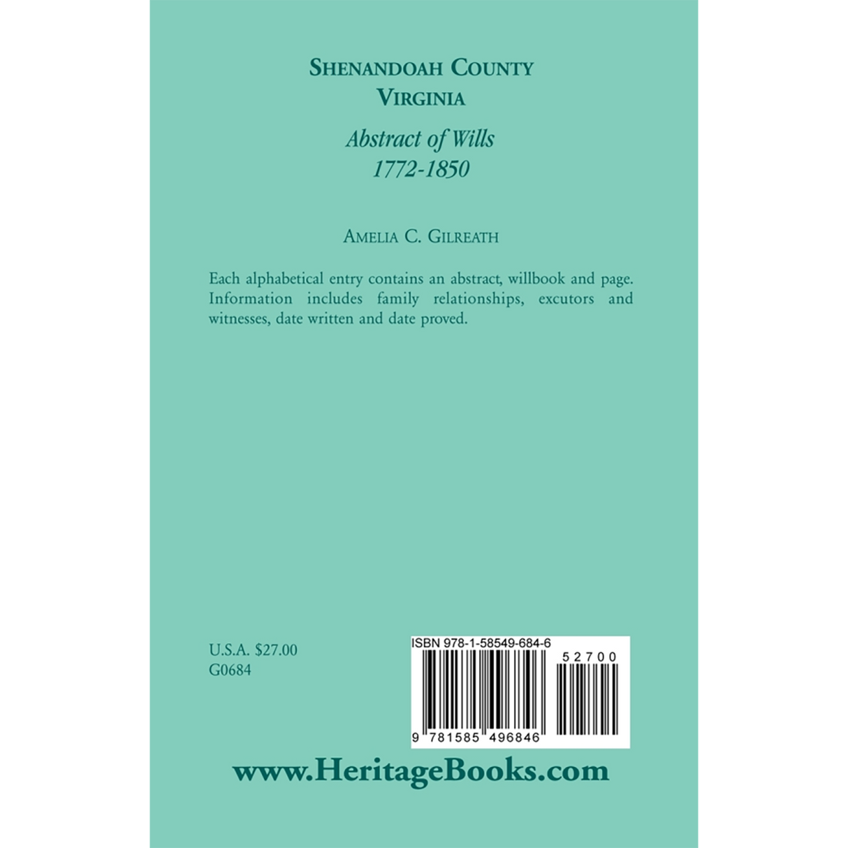 Shenandoah County, Virginia Abstracts of Wills, 1772-1850 back cover