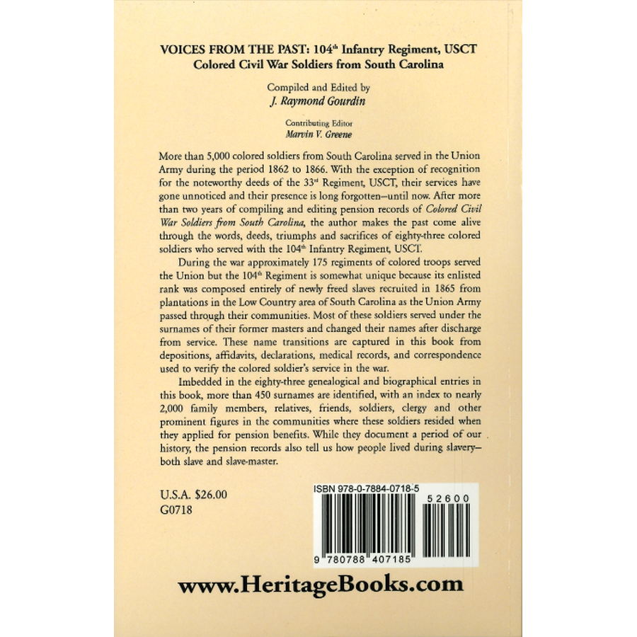 Voices From the Past: 104th Infantry Regiment, USCT, Colored Civil War Soldiers from South Carolina back cover