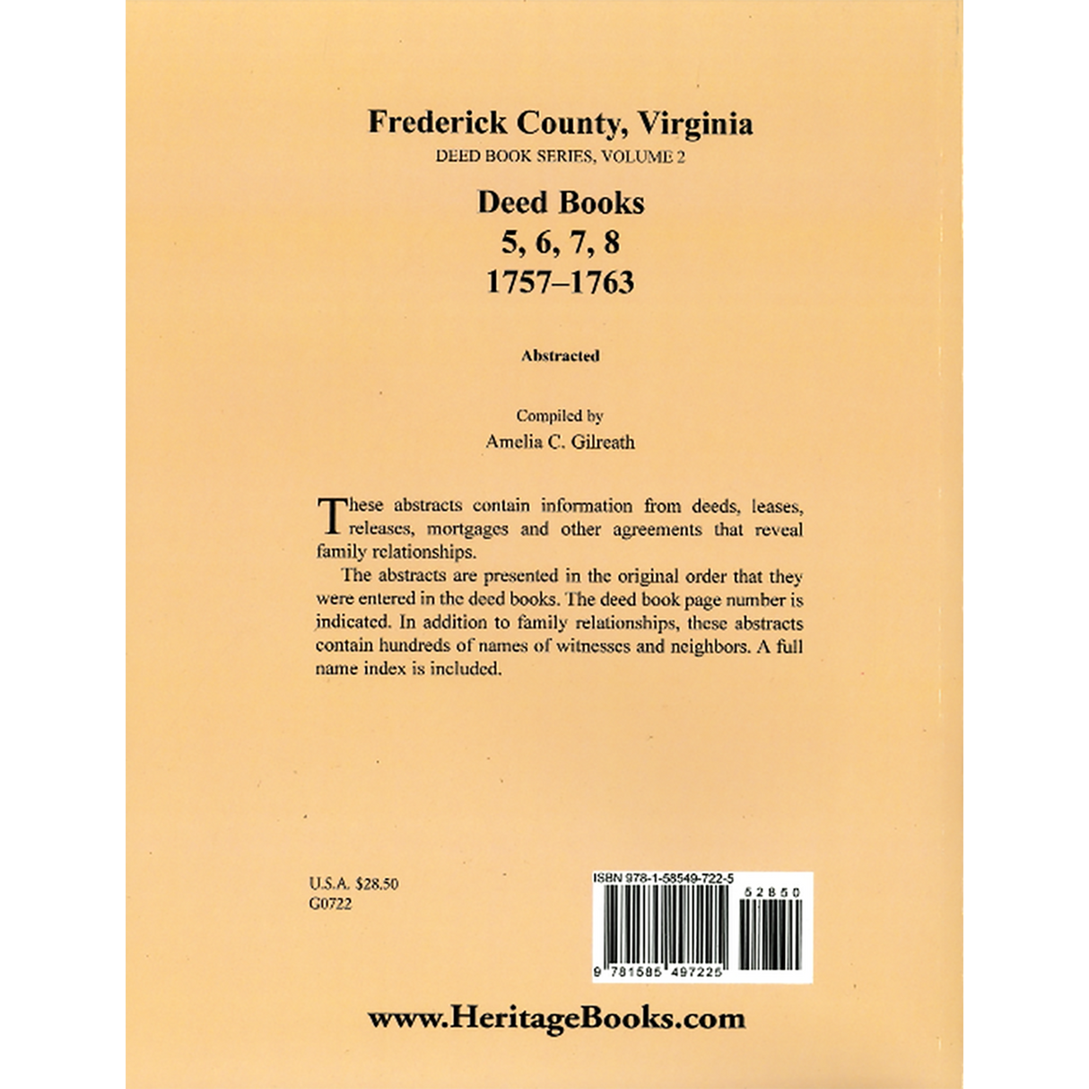 Frederick County, Virginia Deed Book Series, Volume 2, Deed Books 5, 6, 7, 8 1757-1763 back cover