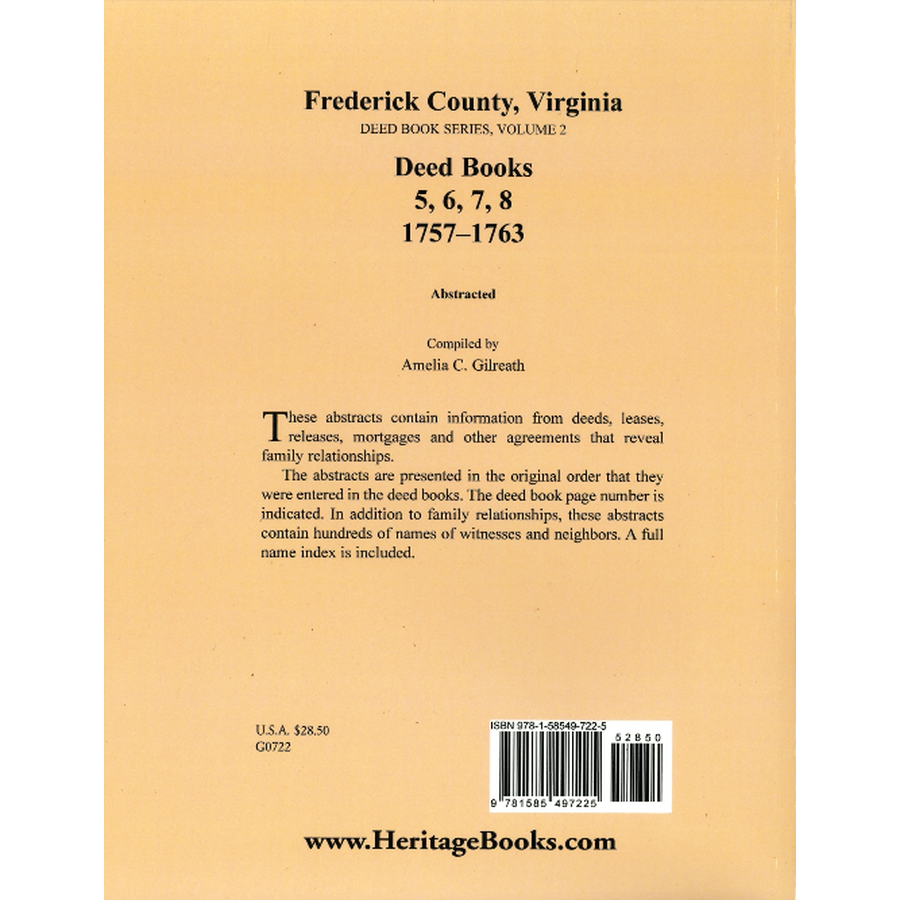 Frederick County, Virginia Deed Book Series, Volume 2, Deed Books 5, 6, 7, 8 1757-1763 back cover