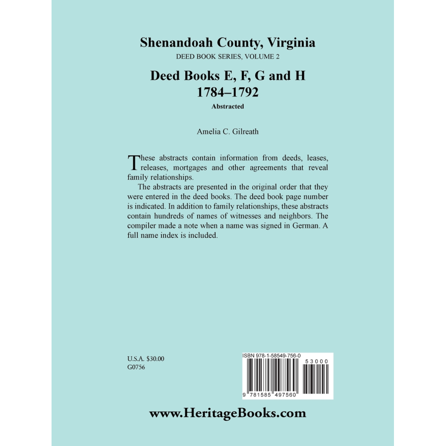 Shenandoah County, Virginia Deed Book Series, Volume 2: Deed Books E, F, G, H 1784-1792 back cover