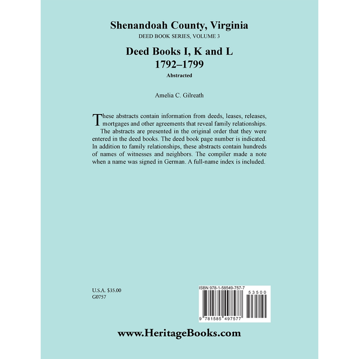 Shenandoah County, Virginia Deed Book Series, Volume 3: Deed Books I, K, L 1792-1799 back cover