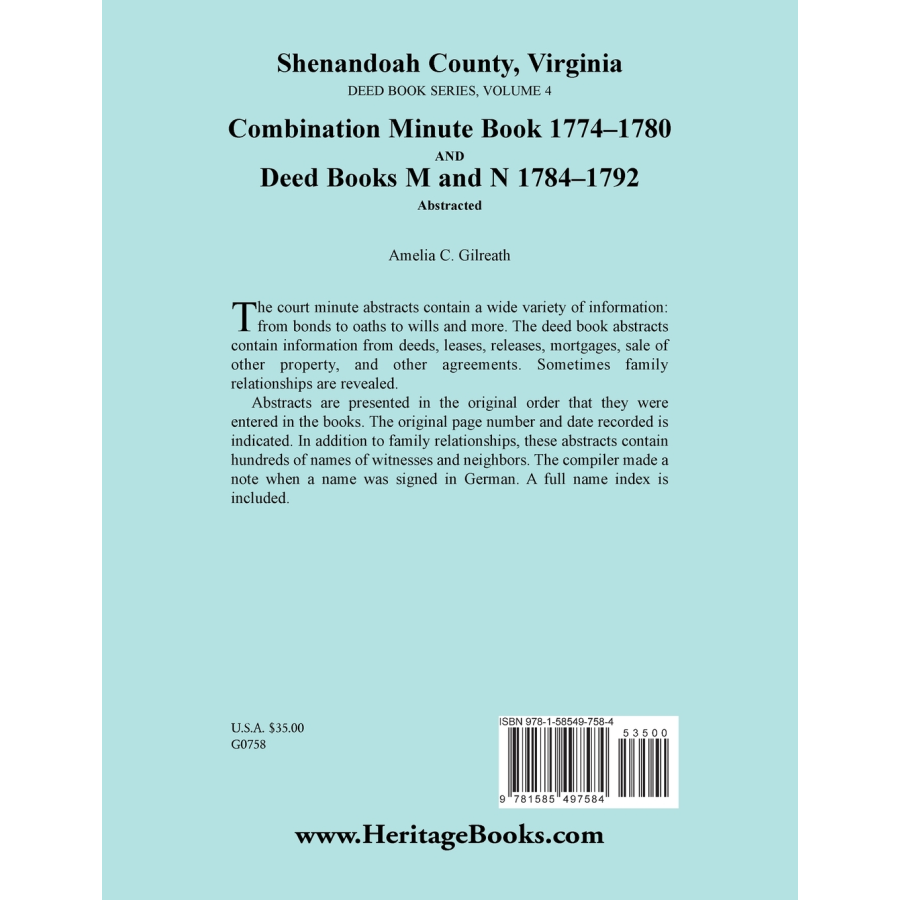 Shenandoah County, Virginia Deed Book Series, Volume 4: Combination Minute Book 1774-1780 and Deed Books M and N 1784-1792 back cover