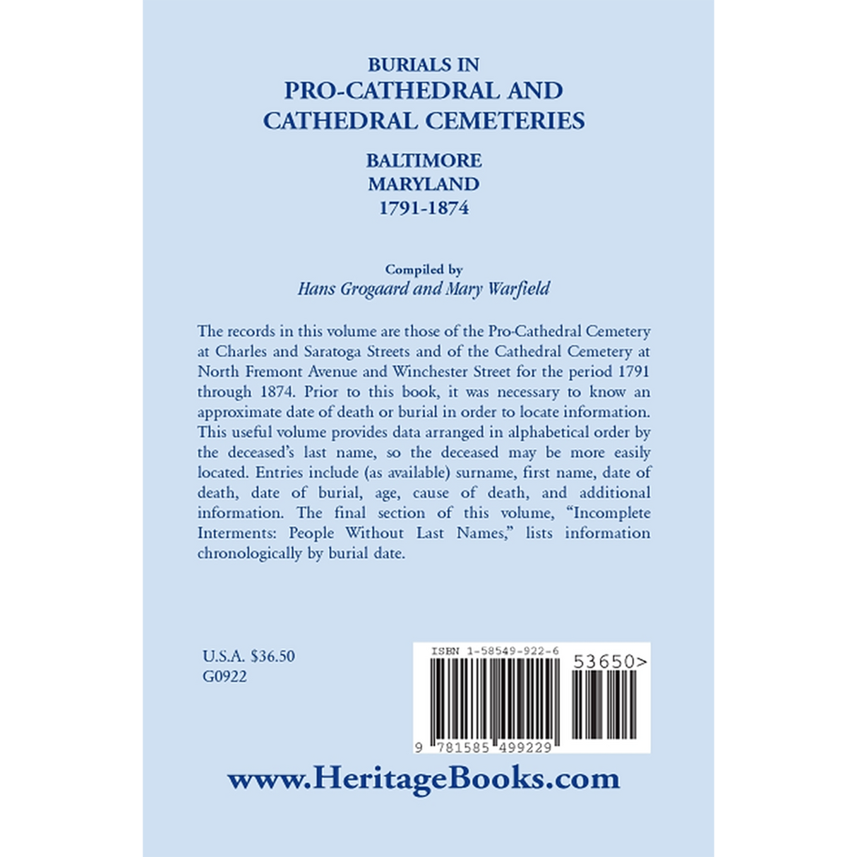 Burials in Pro-Cathedral and Cathedral Cemeteries, Baltimore, Maryland, 1791-1874 back cover
