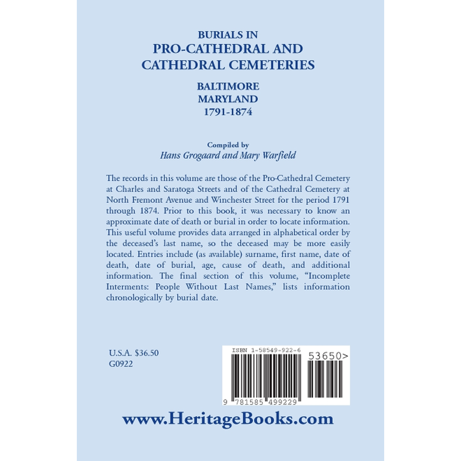 Burials in Pro-Cathedral and Cathedral Cemeteries, Baltimore, Maryland, 1791-1874 back cover