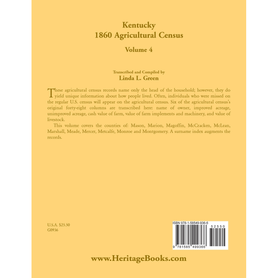 Kentucky 1860 Agricultural Census, Volume 4 back cover