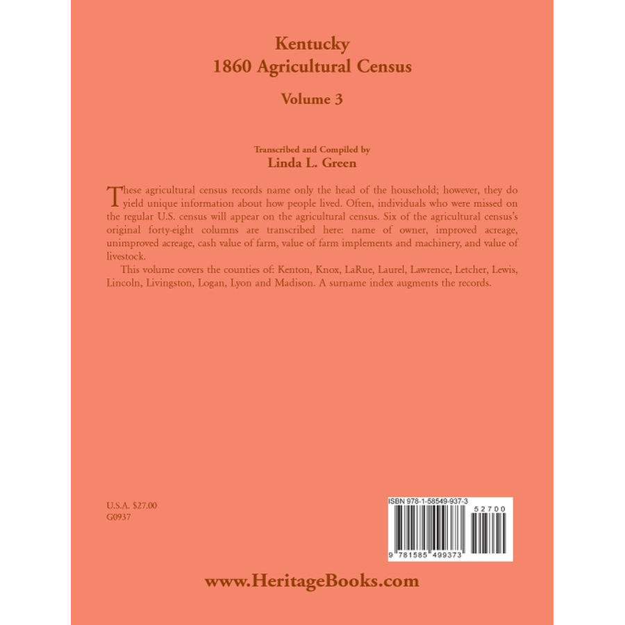 Kentucky 1860 Agricultural Census, Volume 3 back cover