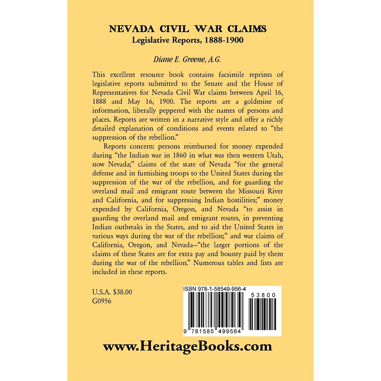 Nevada Civil War Claims: Legislative Reports, 1888-1900 back cover