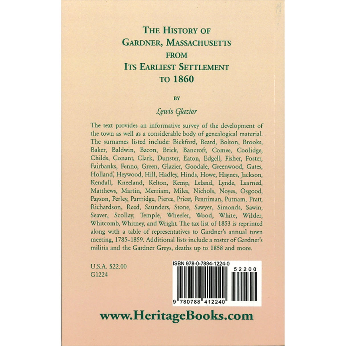 History of Gardner, Massachusetts from Its Earliest Settlement to 1860 back cover