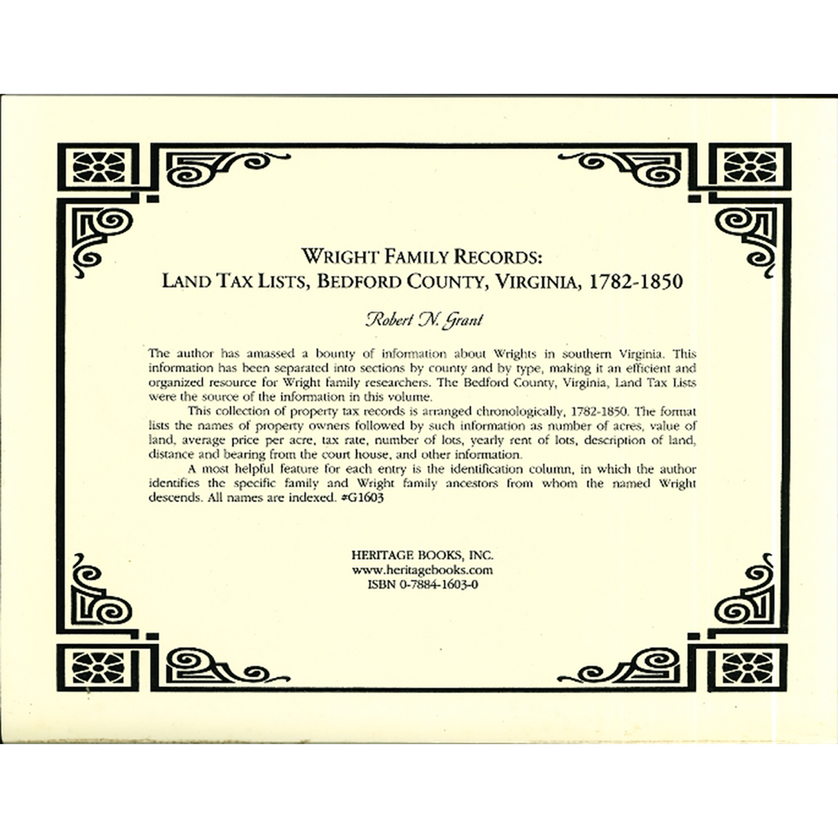 Wright Family Records, Land Tax List, Bedford County, Virginia: 1782-1850 back cover
