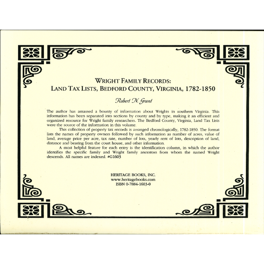Wright Family Records, Land Tax List, Bedford County, Virginia: 1782-1850 back cover