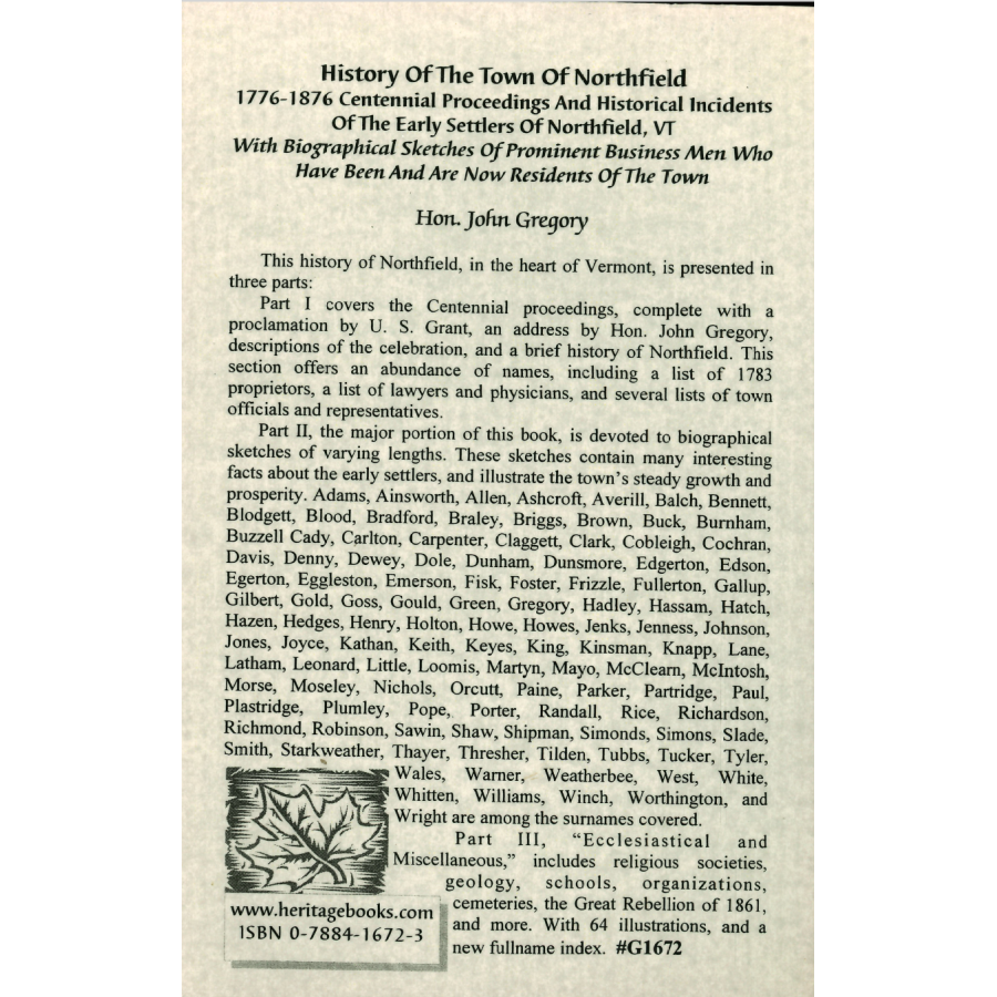 History of the Town of Northfield, Vermont back cover