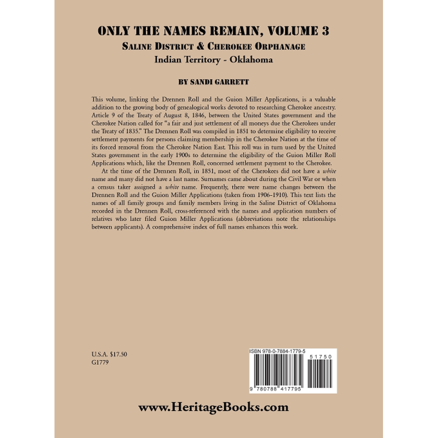 Only the Names Remain, Volume 3: Saline District and Cherokee Orphanage, Indian Territory-Oklahoma back cover
