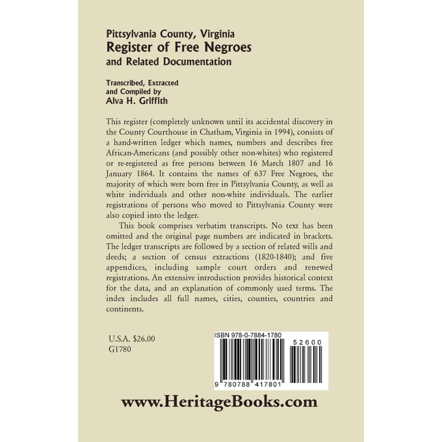 Pittsylvania County, Virginia Register of Free Negroes and Related Documentation back cover