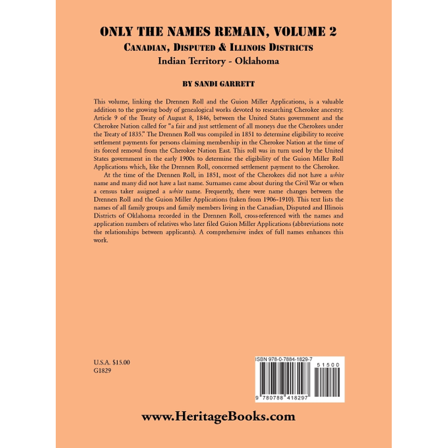 Only the Names Remain, Volume 2: Canadian, Disputed and Illinois Districts, Indian Territory-Oklahoma back cover