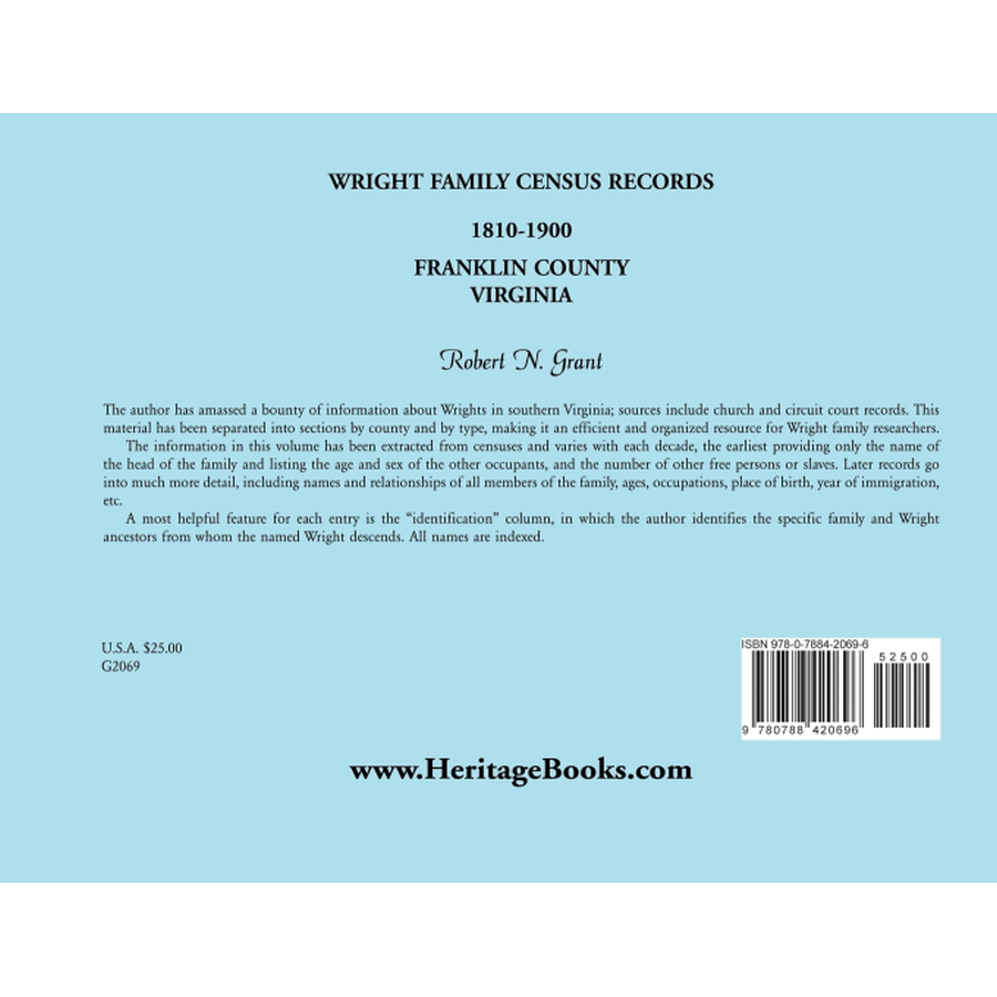 Wright Family Census Records, Franklin County, Virginia, 1810-1900 back cover