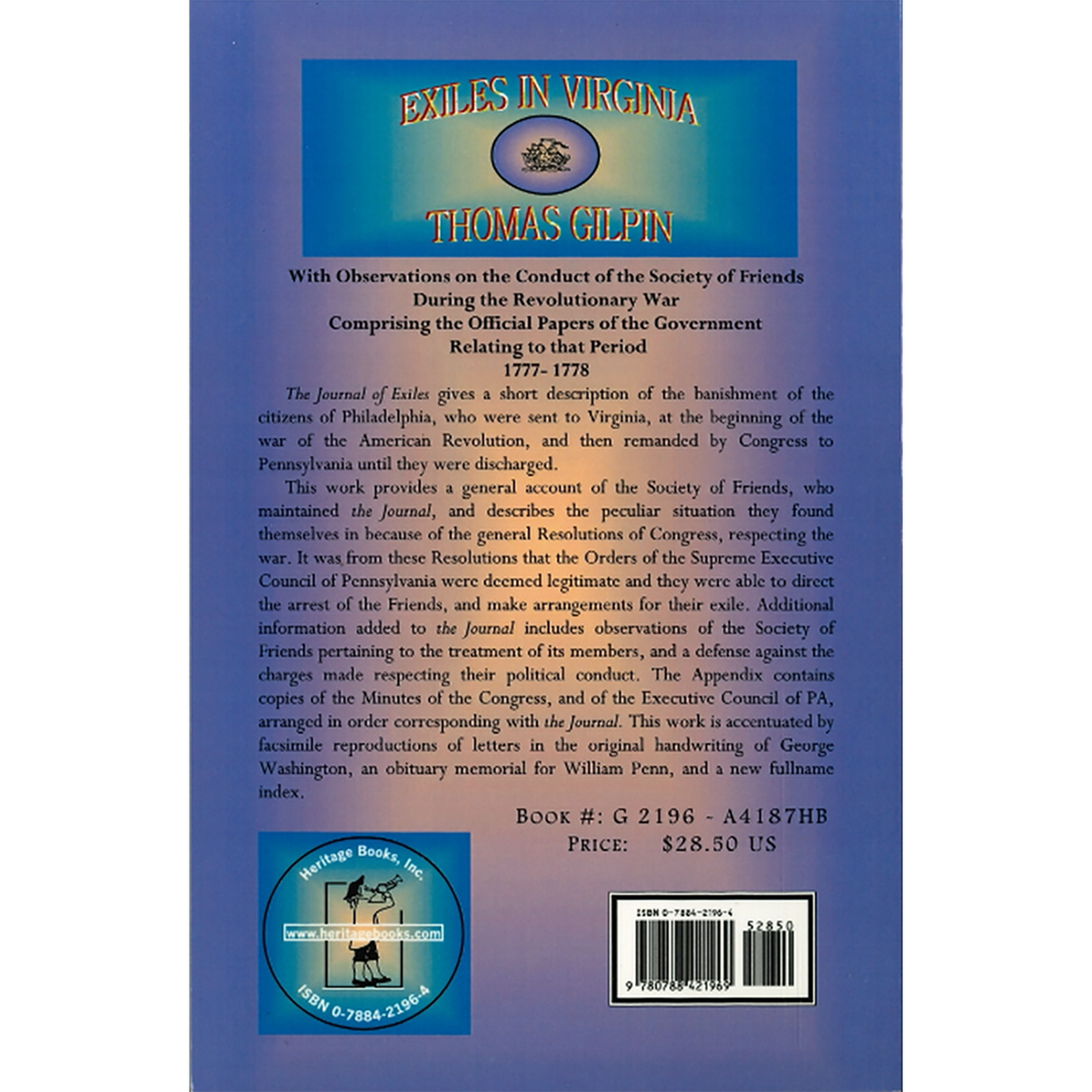 Exiles In Virginia: With Observations on the Conduct of the Society of Friends, 1777-1778 back cover