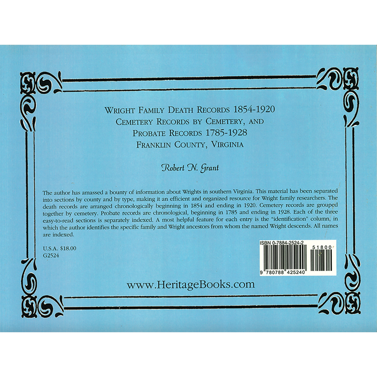 Wright Family Death Records, 1854-1920, Cemetery Records by Cemetery, and Probate Records, 1785-1928, Franklin County, Virginia