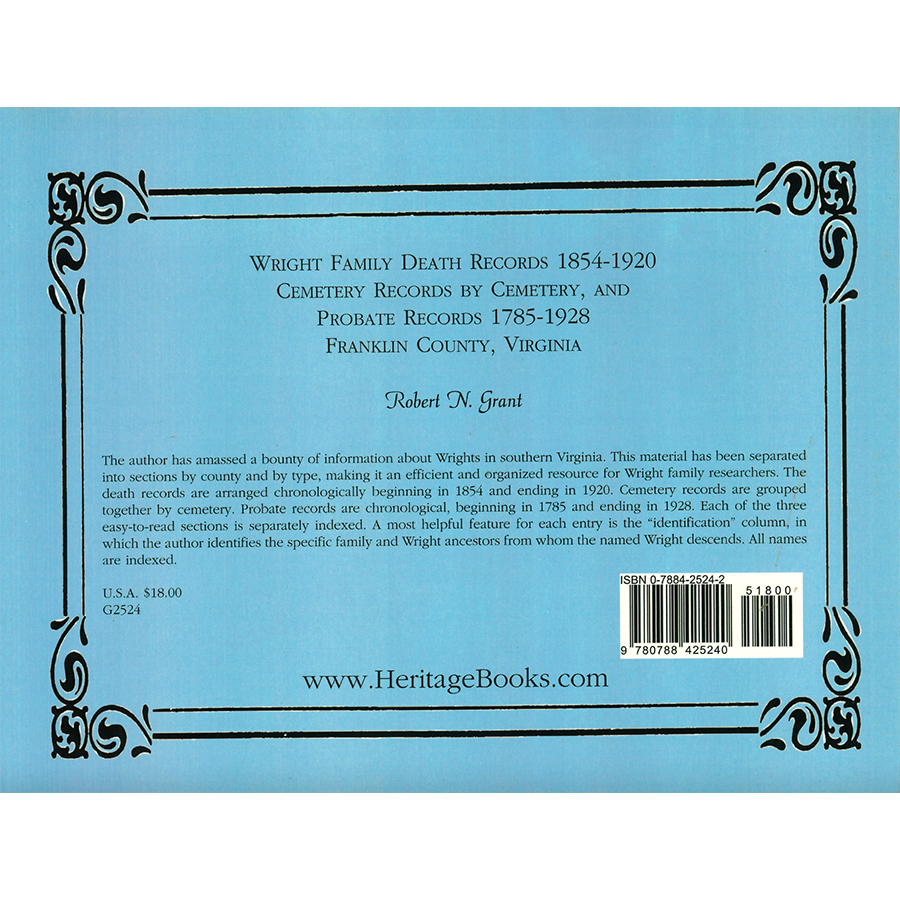 Wright Family Death Records, 1854-1920, Cemetery Records by Cemetery, and Probate Records, 1785-1928, Franklin County, Virginia