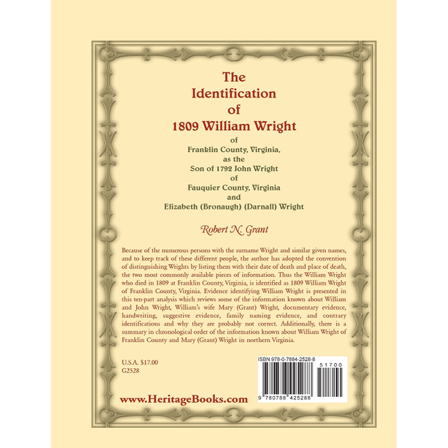 The Identification of 1809 William Wright of Franklin County, Virginia back cover