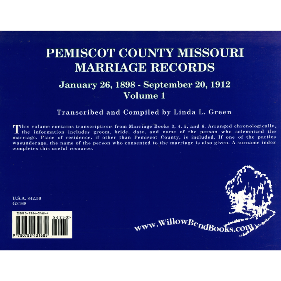 Pemiscot County, Missouri Marriage Records, Volume 1, January 26, 1898 to September 20, 1912 back cover