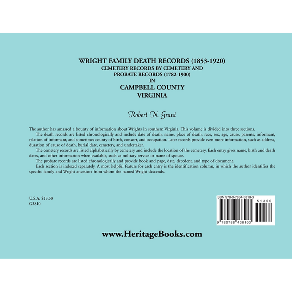 Wright Family Death Records (1853-1920), Cemetery Records by Cemetery, and Probate Records (1782-1900), Campbell County, Virginia back cover
