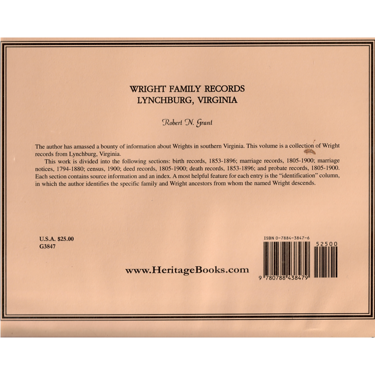 Wright Family Records, Lynchburg, Virginia back cover