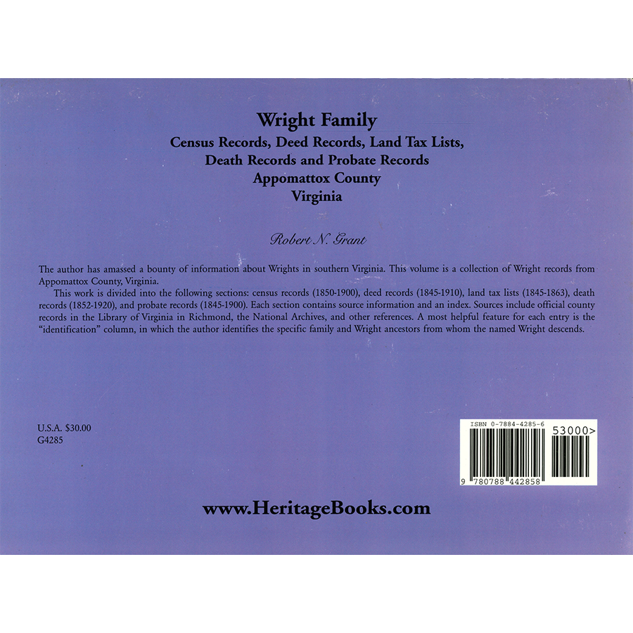 Wright Family Records, Appomattox County, Virginia Census Records, Deed Records, Land Tax Lists, Death Records, Probate Records