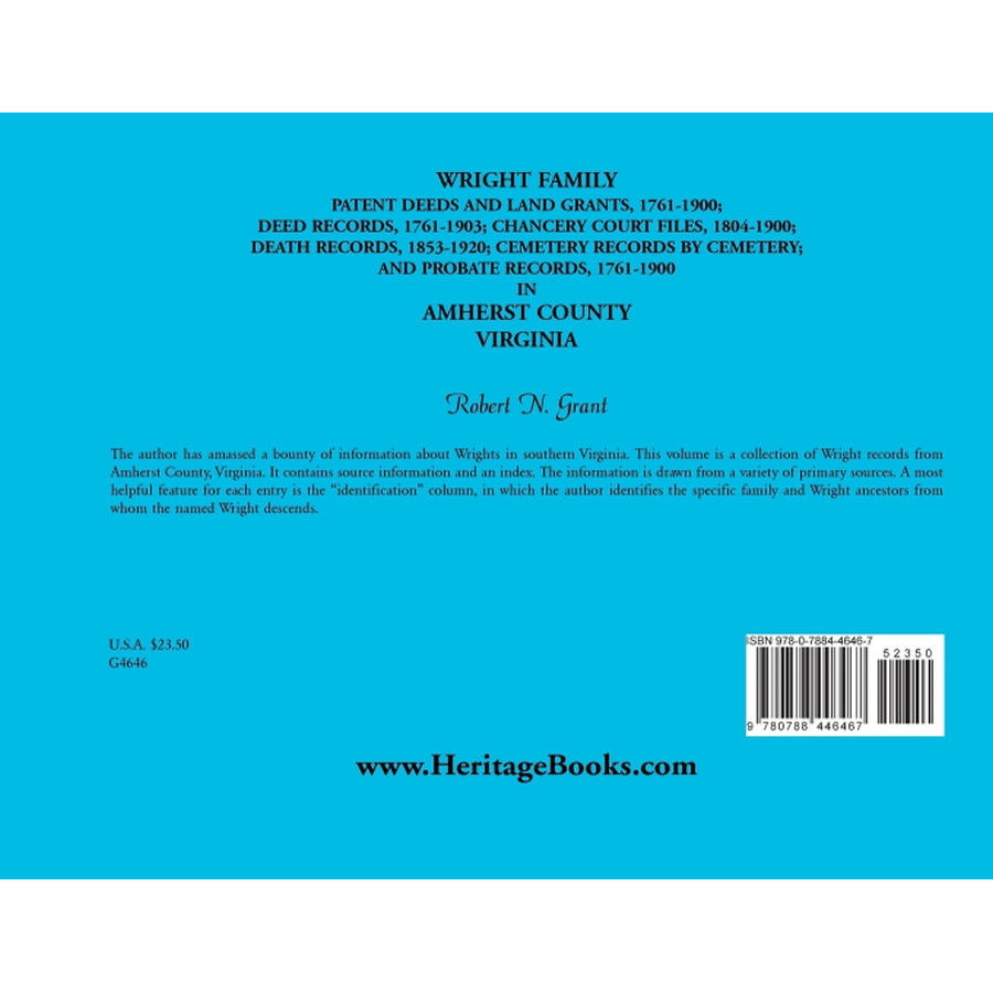Wright Family Patent Deeds and Land Grants, 1761-1900, Amherst County, Virginia back cover
