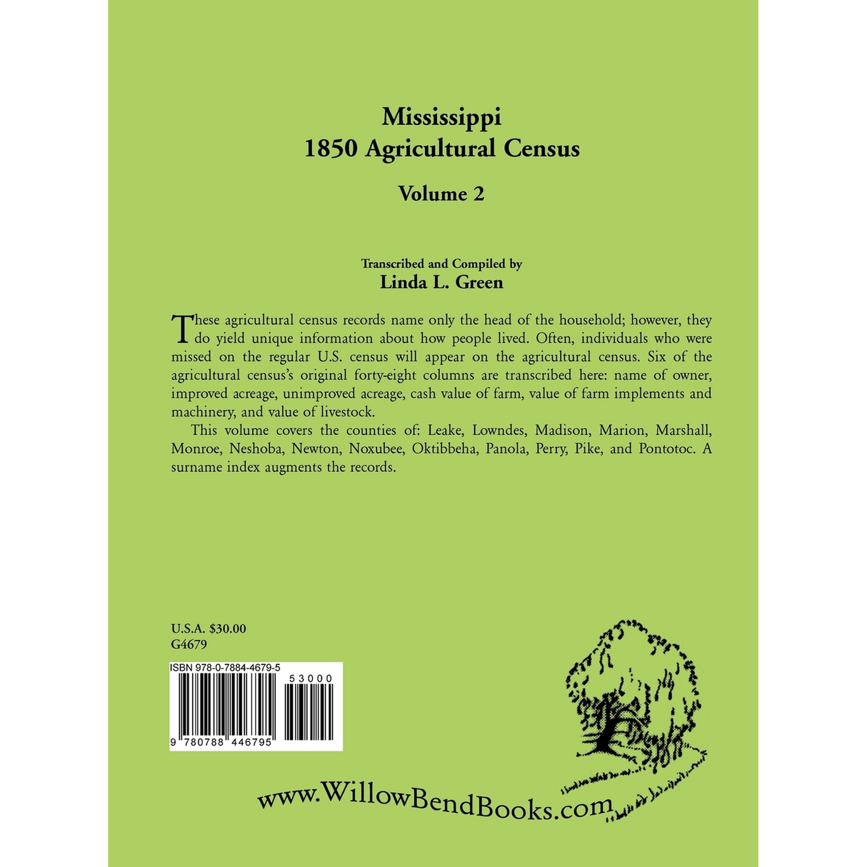 Mississippi 1850 Agricultural Census, Volume 2 back cover