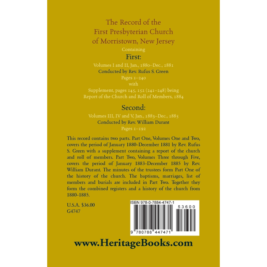 The Record, First Presbyterian Church of Morristown, New Jersey Volumes I-V back cover