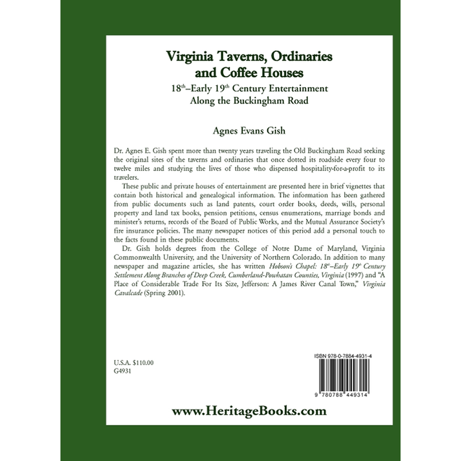 Virginia Taverns, Ordinaries and Coffee Houses: 18th-Early 19th Century Entertainment Along the Buckingham Road back cover