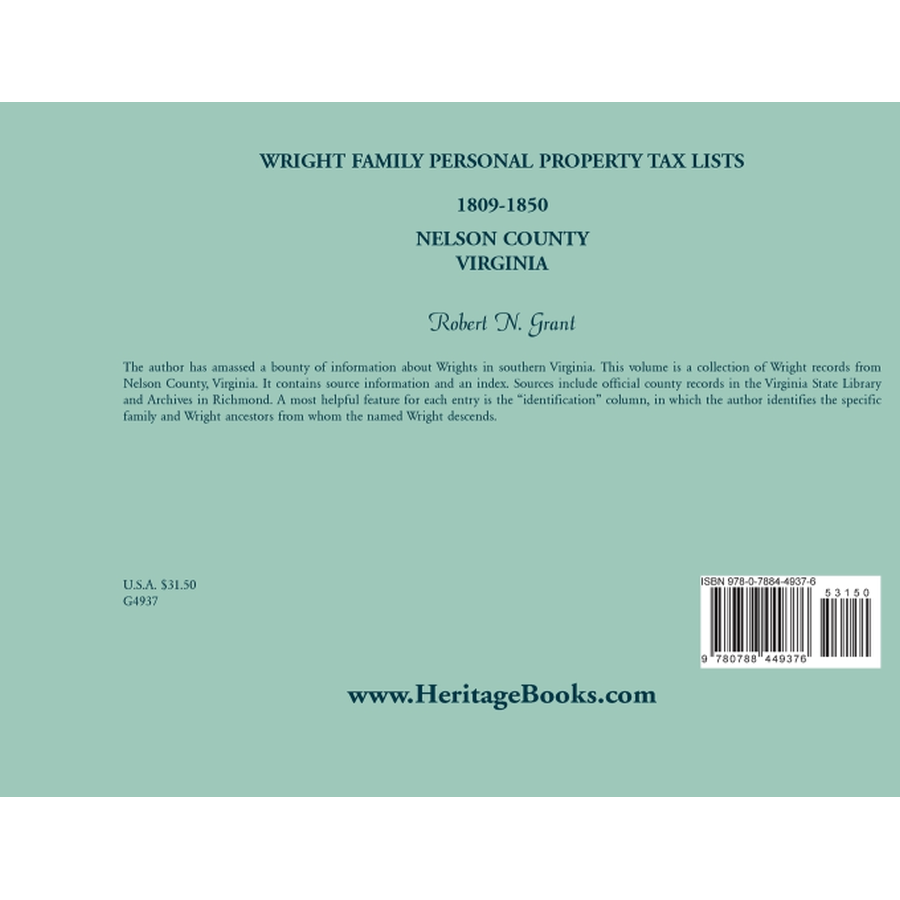 Wright Family Personal Property Tax Lists, Nelson County, Virginia 1809 to 1850 back cover