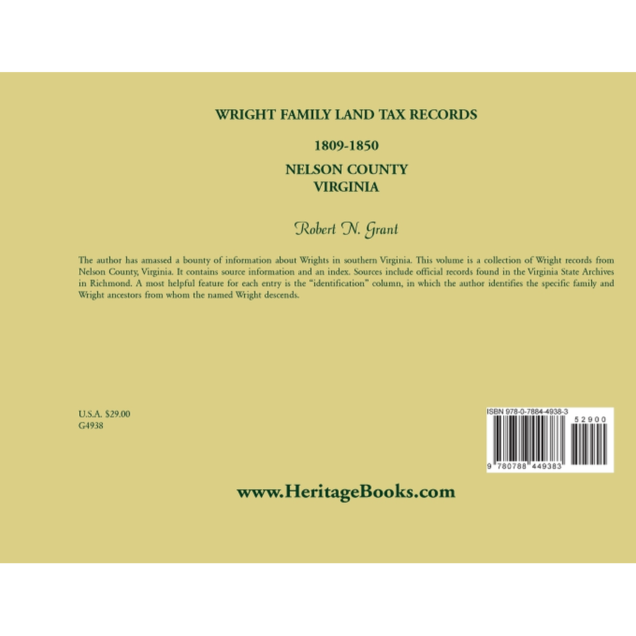 Wright Family Land Tax Lists, Nelson County, Virginia 1809 to 1850 back cover