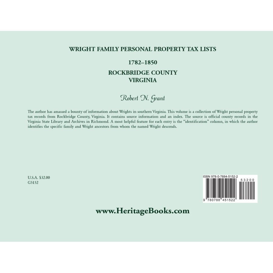 Wright Family Personal Property Tax Lists, Rockbridge County, Virginia 1782 to 1850 back cover