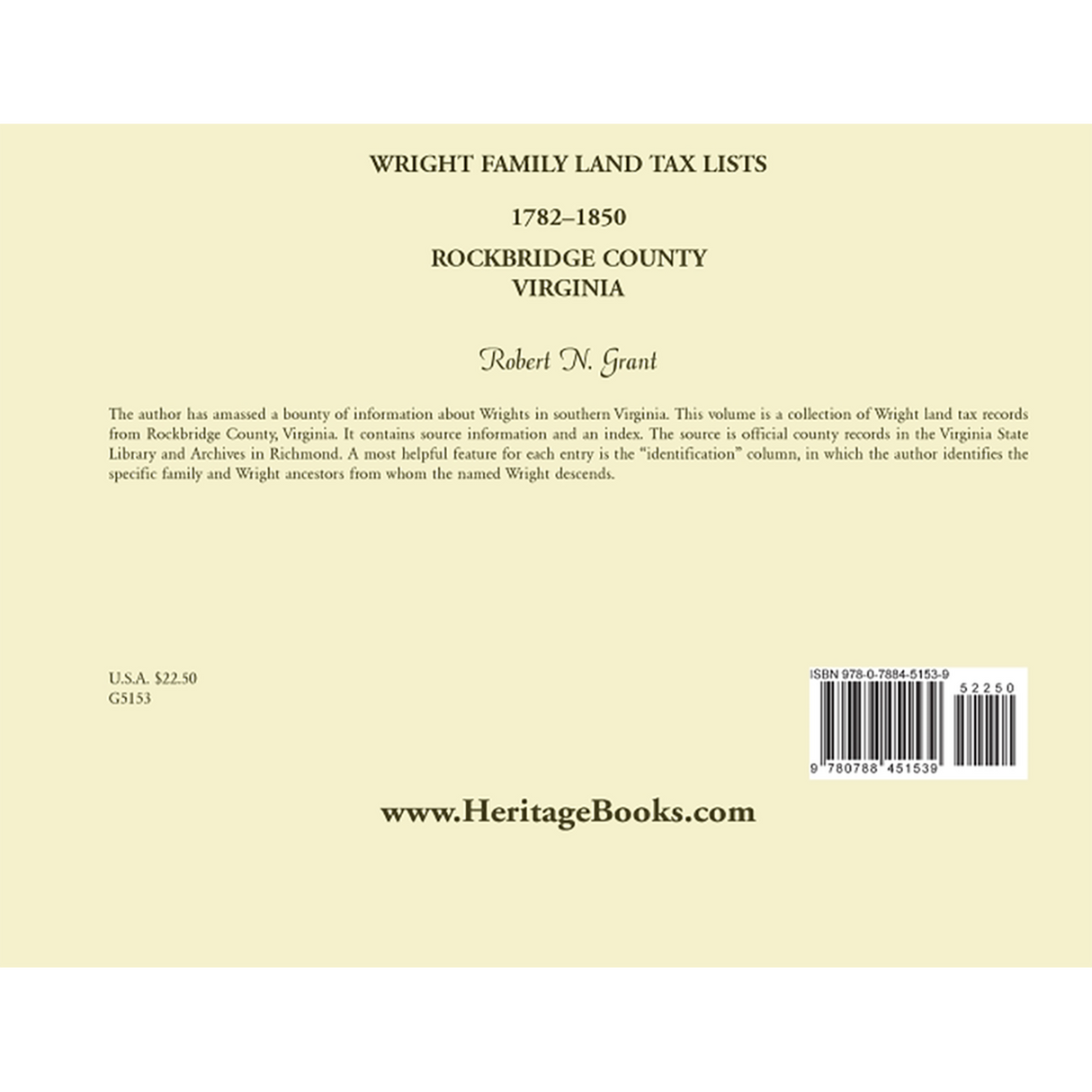Wright Family Land Tax Lists, Rockbridge County, Virginia 1782-1850 back cover