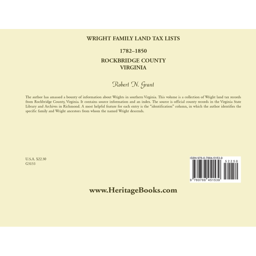 Wright Family Land Tax Lists, Rockbridge County, Virginia 1782-1850 back cover