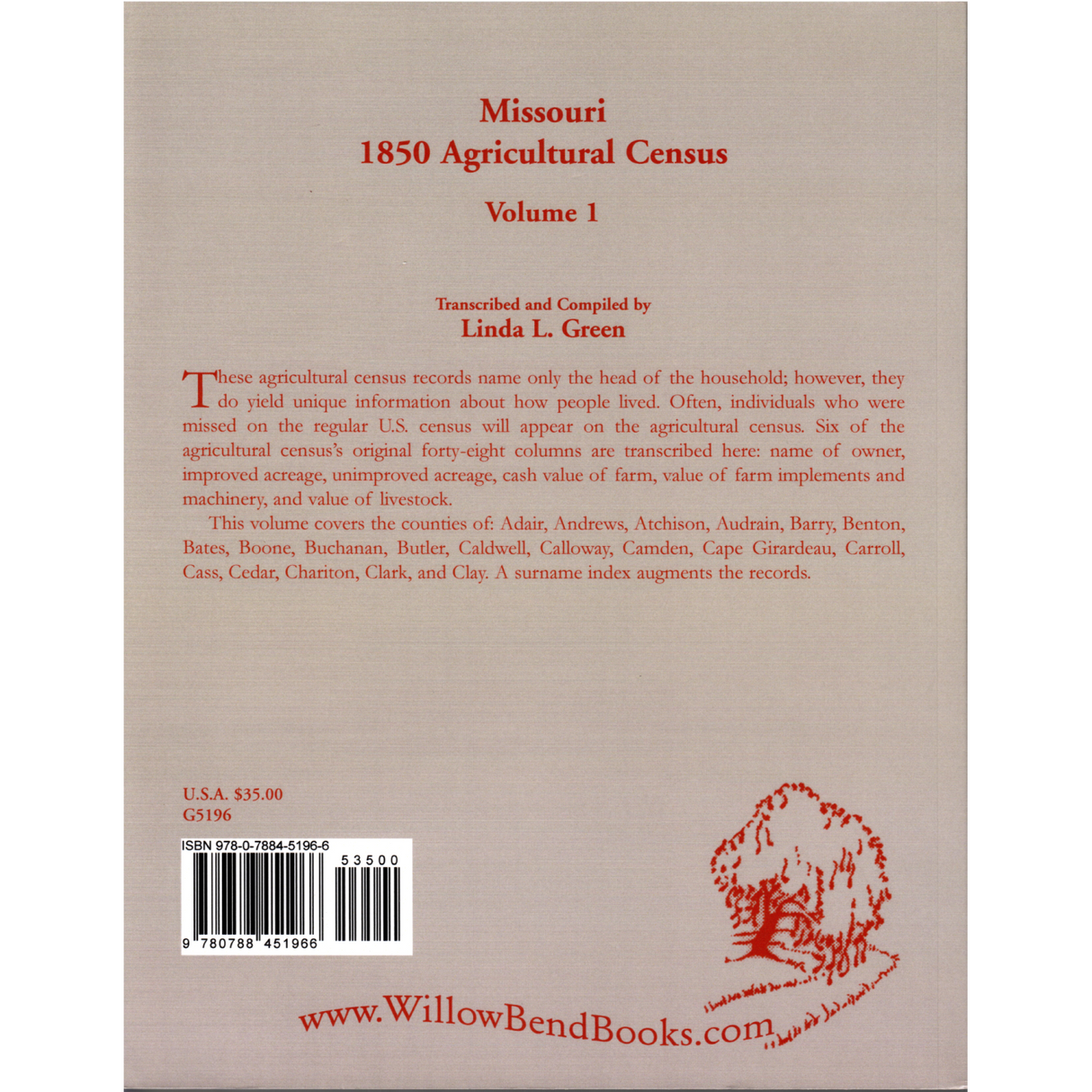 Missouri 1850 Agricultural Census, Volume 1 back cover