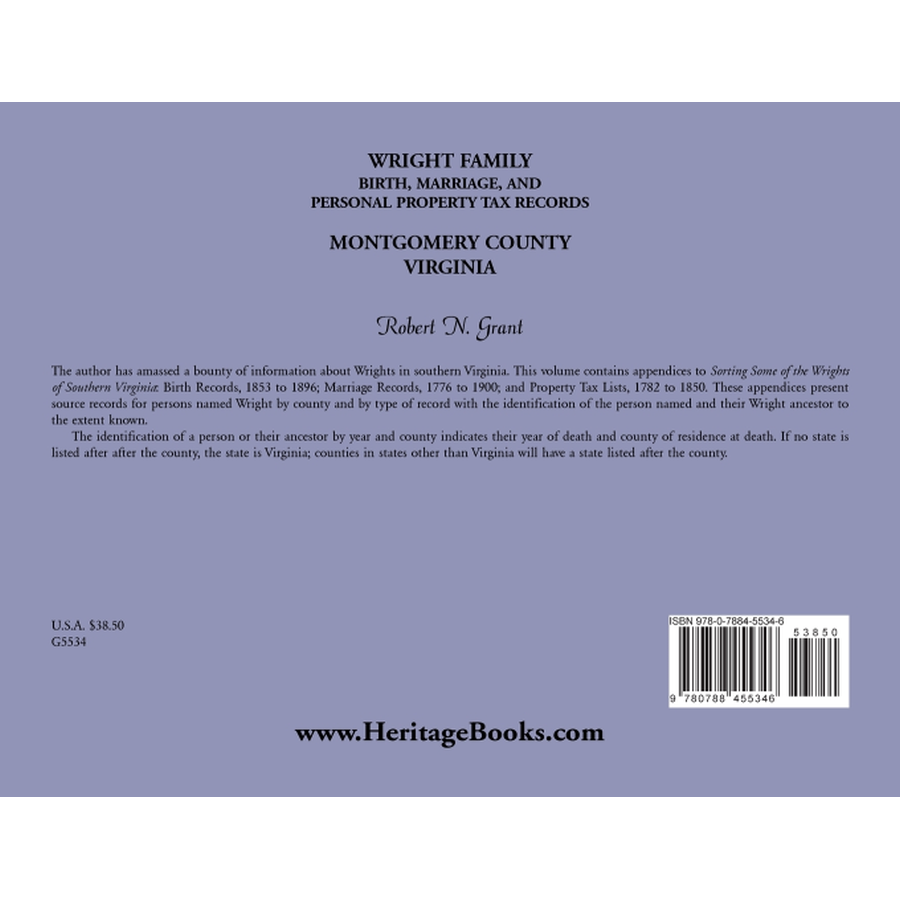 Wright Family Birth, Marriage, and Personal Property Tax Records, Montgomery County, Virginia back cover