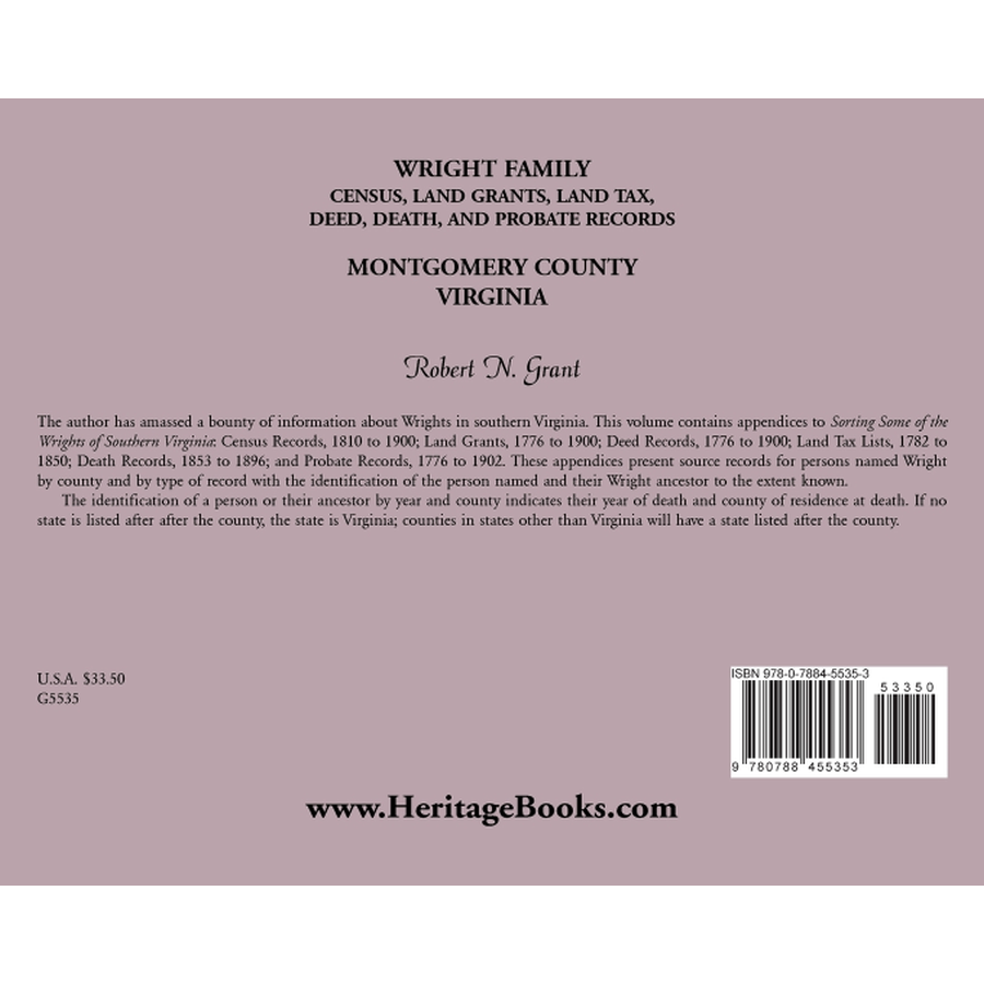 Wright Family Census, Land Grants, Land Tax, Deed, Death, and Probate Records, Montgomery County, Virginia back cover