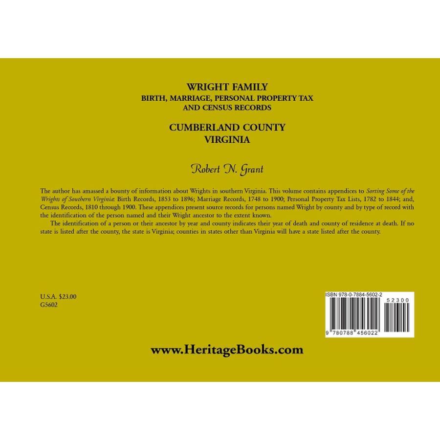 Wright Family Birth, Marriage, Personal Property Tax, and Census Records, Cumberland County, Virginia back cover