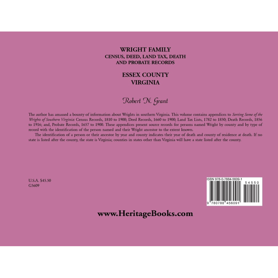 Wright Family Census, Deed, Land Tax, Death and Probate Records, Essex County, Virginia back cover