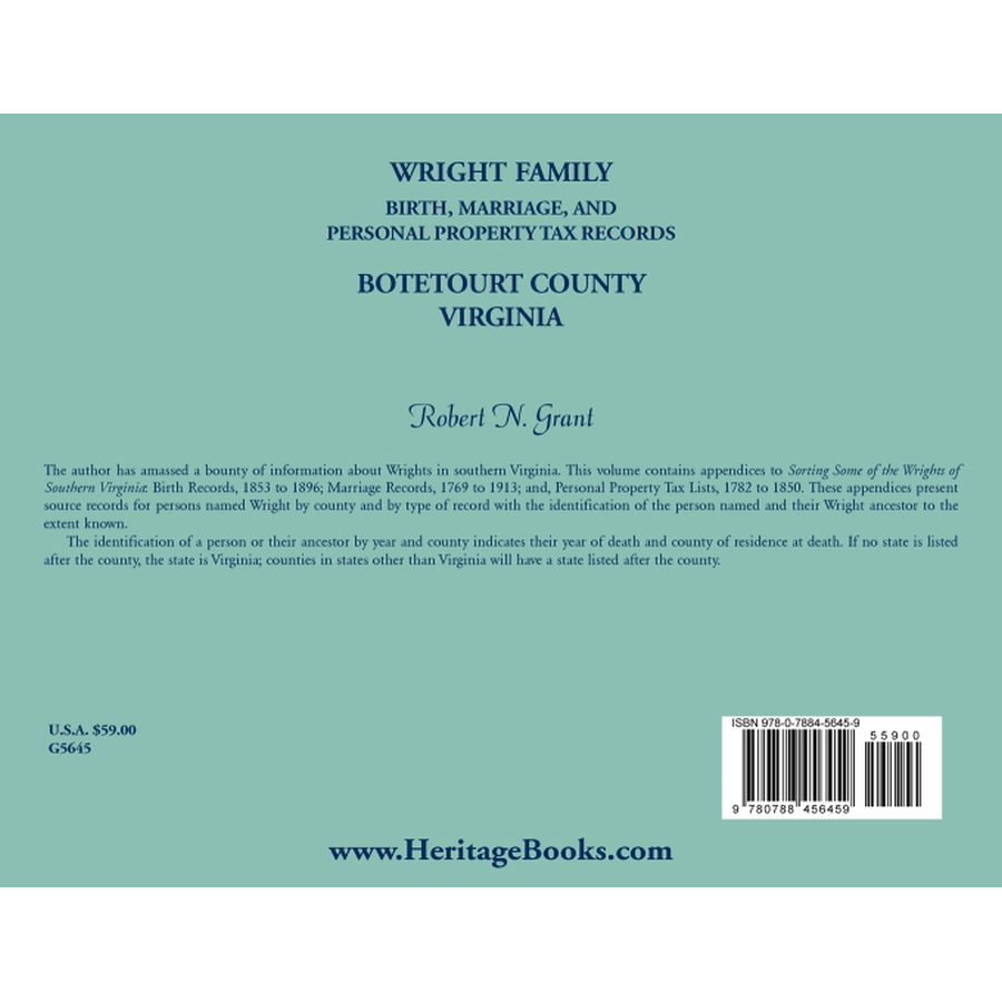 Wright Family Birth, Marriage, and Personal Property Tax Records, Botetourt County, Virginia back cover