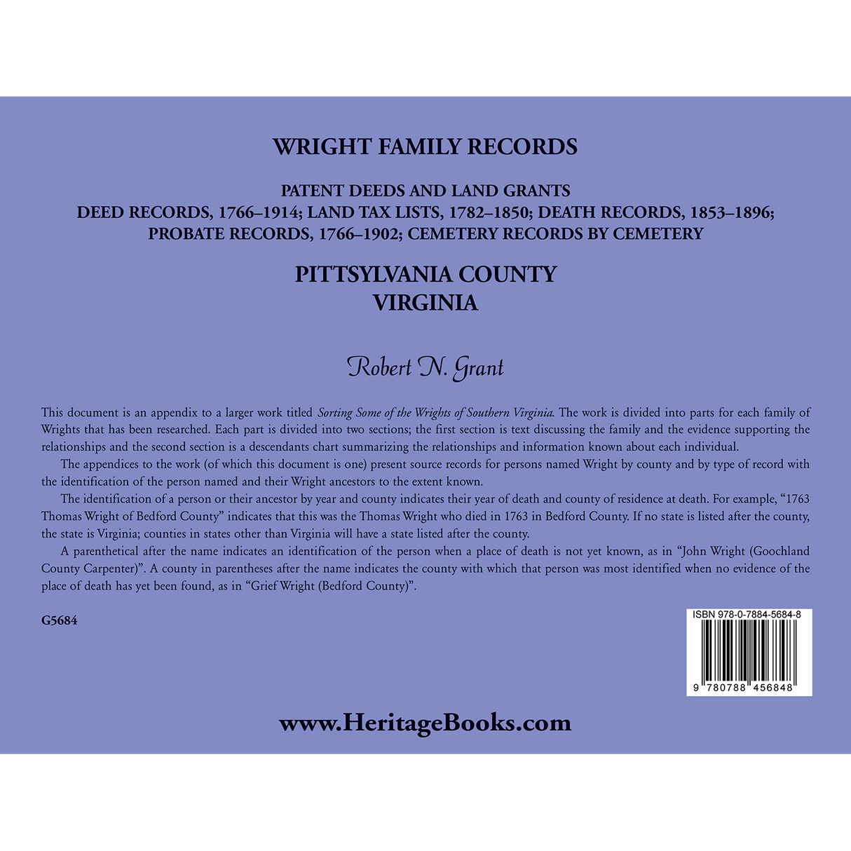 Wright Family Records, Pittsylvania County, Virginia back cover