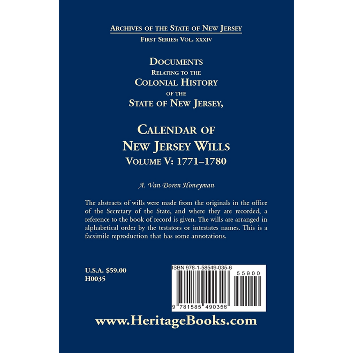 Documents Relating to the Colonial History of the State of New Jersey, Calendar of New Jersey Wills, Volume V, 1771-1780 back cover